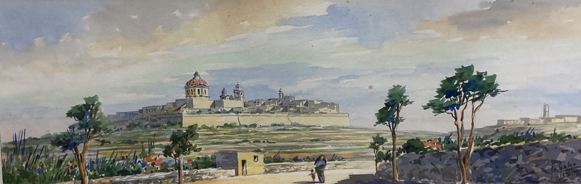 J. Galea, pair of watercolours, Views of Valetta harbour, Malta, signed and dated 1959, overall 24 x 66cm